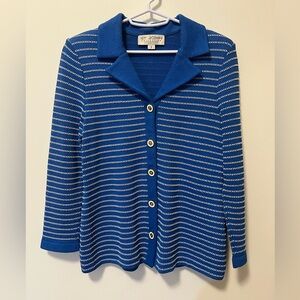St. John Collection Blue Striped Cardigan, Santana knit. Sz 2